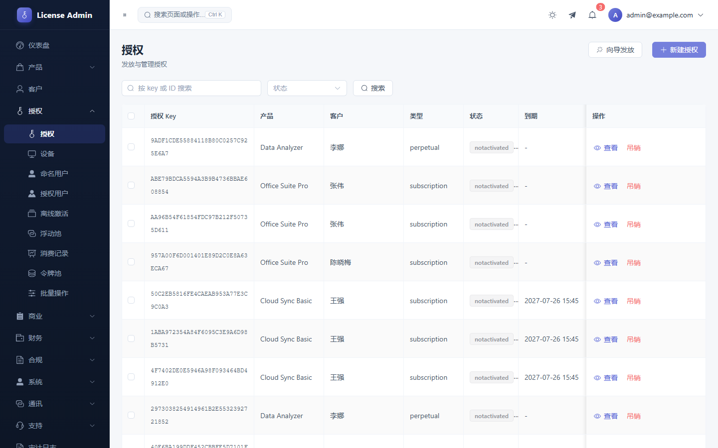 LicenseManager 授权管理：许可证列表、状态筛选与吊销操作